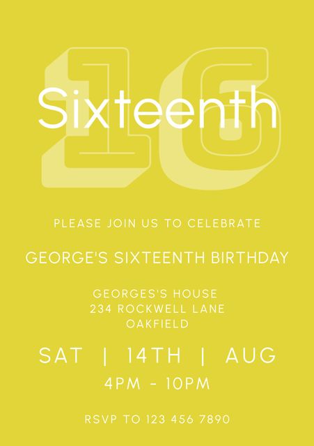 A modern and vibrant invitation featuring a yellow background, perfect for teen birthday celebrations and milestone events. The sleek design includes a prominent 'Sixteen' headline, detailed event information, and an RSVP section, making it ideal for hosting a fun and memorable party.