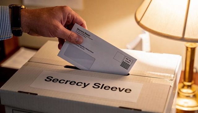 Hand inserting mailed ballot into secrecy sleeve box for secure mail-in voting