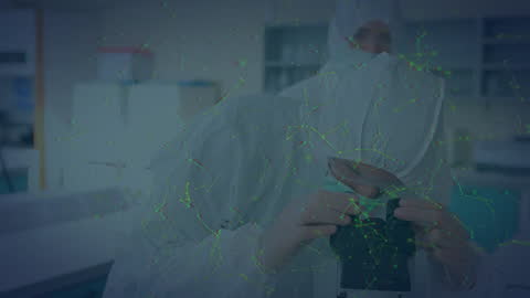 Asian Scientist Analyzing Data with Digital Enhancements in Laboratory