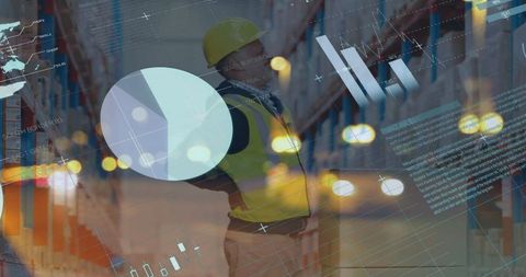 Warehouse Worker Analyzing Financial Data with Digital Overlay