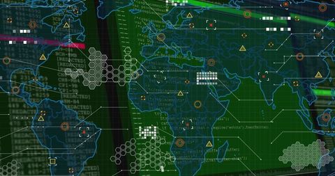 Futuristic World Map Interface with Digital Analytics Overlay