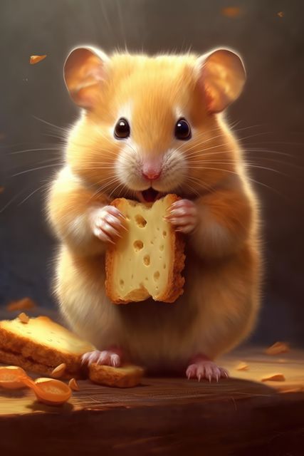 Close up of cute hamster holding cheese, created using generative ai technology. Pet, animal and rodent concept digitally generated image.