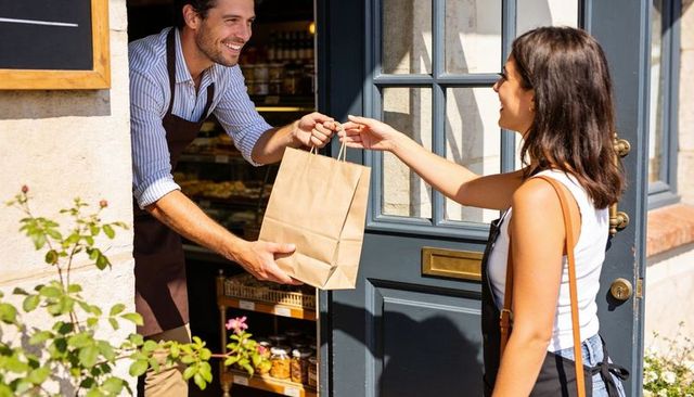 Friendly baker handing kraft takeaway bag to smiling customer at sunlit rustic storefront
