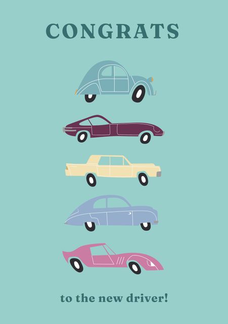 This vibrant design celebrates a new driver with colorful retro cars against a blue background. Ideal for congratulating someone who has just received their driving license. Great for use in greeting cards, social media posts, or personalized messages to mark this significant achievement.