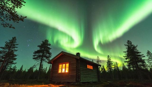 Aurora borealis dancing over cozy log cabin in pine forest under vivid starry sky