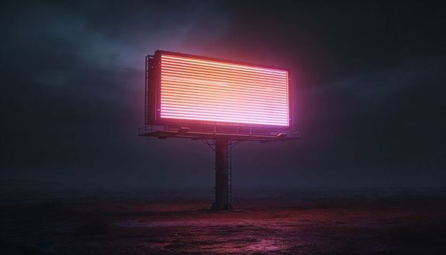 Glowing led billboard casting neon pink-orange light across wet desert plain at night