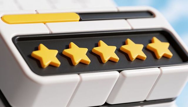 Glossy gadget panel showing five yellow star rating buttons with yellow slider, macro closeup