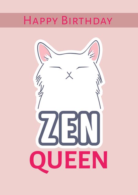 Serene Cat Illustration Birthday Card with Zen Queen Text - Download Free Stock Videos Pikwizard.com