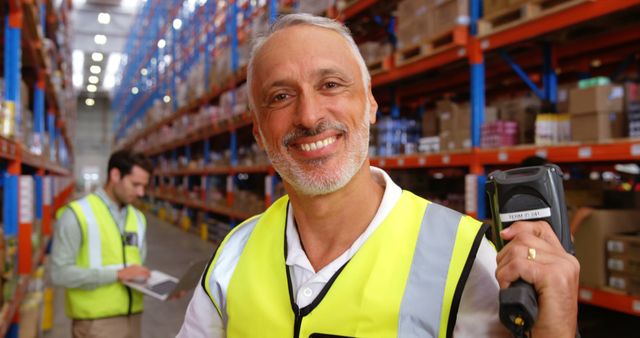 Senior worker smiling in warehouse holding a barcode scanner, wearing a safety vest. Background features shelves filled with boxes and another worker noting inventory on a clipboard. Ideal for illustrating logistics, inventory management, and warehouse operations. Useful for content related to supply chain jobs, distribution centers, and employee productivity.