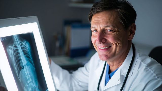 Smiling doctor examining back X-ray on lightbox wearing white coat and stethoscope