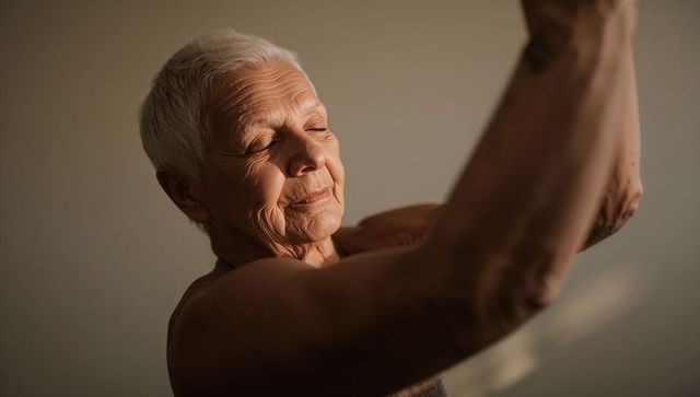 Senior woman embracing tattooed forearm with closed eyes, short white hair, gentle sidelight