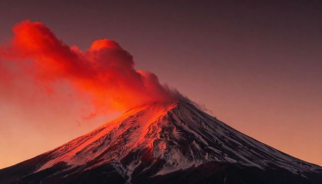 Glowing sunrise eruption over snow-capped volcano with red ash plume