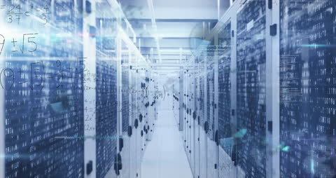 Futuristic Server Room with Overlay of Mathematical Equations