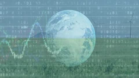 Digital Globe and Binary Code Beneath Wind Turbines with Stock Charts Overlay