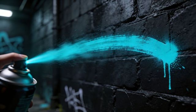 Turquoise spray paint arc across black brick wall urban alley graffiti