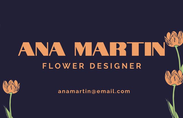 Elegant business card featuring orange flowers and dark background. Ideal for flower designers, artists, and creative professionals. Can be used to showcase contact information and professional branding.