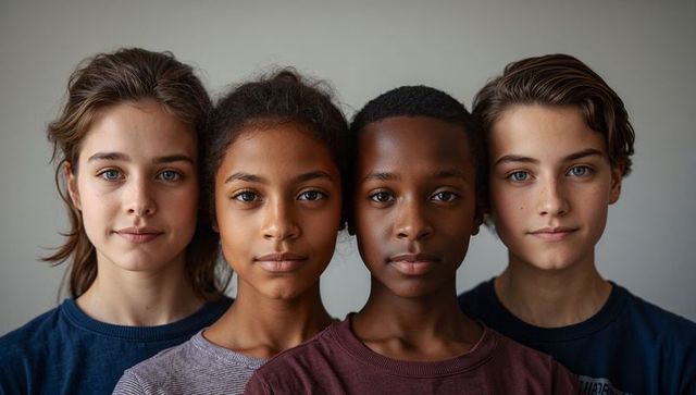 Multicultural teens standing together making eye contact neutral studio portrait
