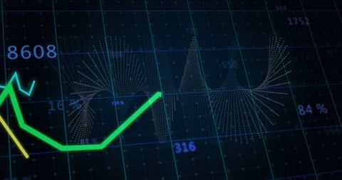 Neon financial dashboard displaying rising line graphs and 3d data waveforms
