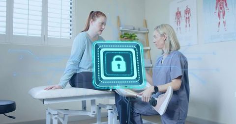 Rehabilitation Technology: Therapist Assists Patient with Data Security Illustration