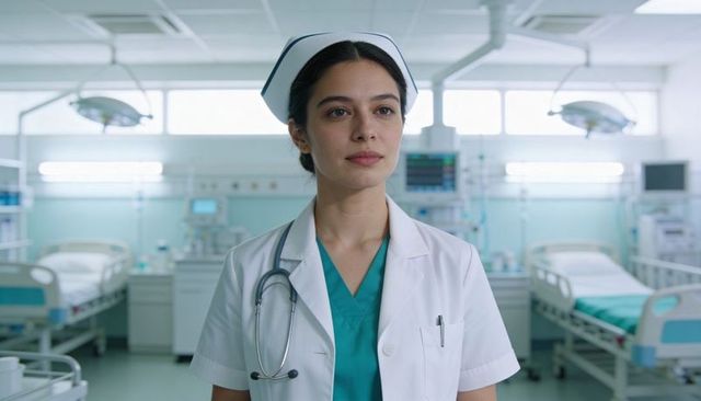 Asian nurse standing in bright hospital ward wearing white cap and stethoscope clinical portrait