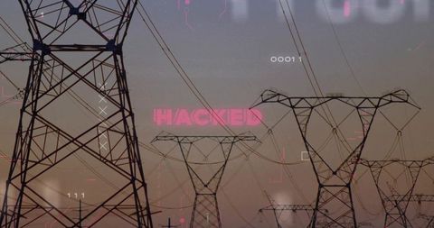 Hacked power grid concept showing transmission towers at dusk with cyber overlay