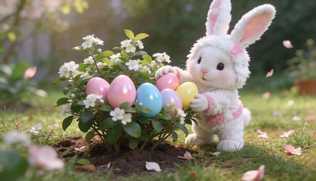 Fluffy easter bunny gathering pastel eggs in sunlit garden