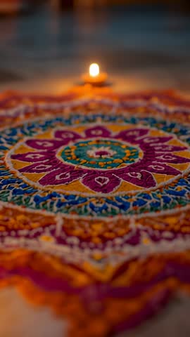 Vertical video pulling focus between colorful rangoli and flickering diya at entrance