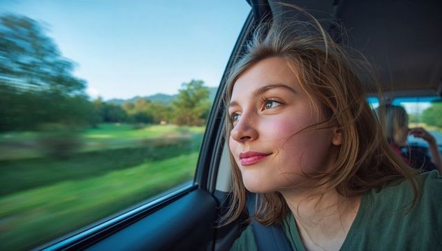 Young woman leaning out car window enjoying breeze on sunlit scenic countryside drive thoughtful gaz