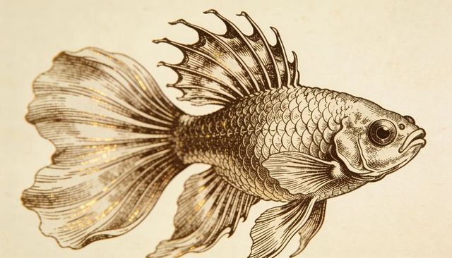 Ornate goldfish engraving with gilded flecks on cream textured paper