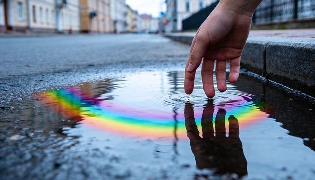Hand touching rainbow reflection in shallow puddle on urban street, ripples and iridescence