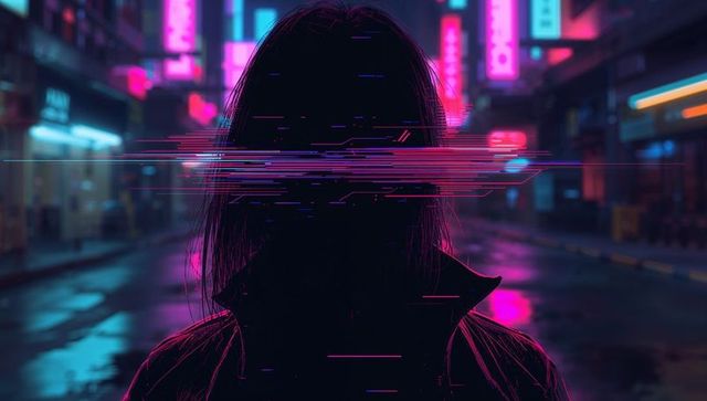 Cyberpunk silhouette with glitch visor standing on neon rain-soaked street noir