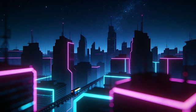 Neon skyline lighting futuristic cyberpunk cityscape with maglev monorail at night