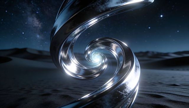 Glowing chrome spiral twisting over moonlit sand dunes reflecting milky way core glow