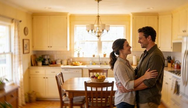 Sunlit kitchen couple embracing sharing warm intimate domestic moment