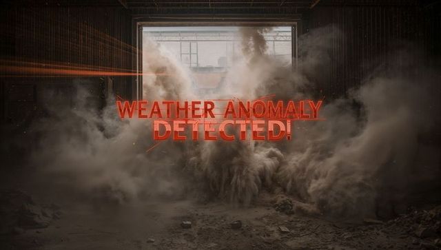 Industrial warehouse billowing dust with red weather anomaly detected warning