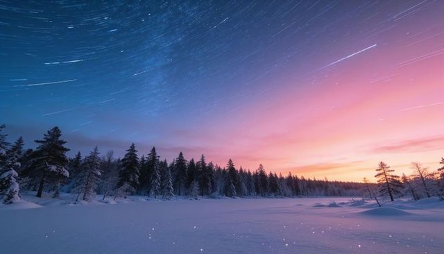 Star trails over snowy forest at twilight, frozen plain and pastel arctic sky