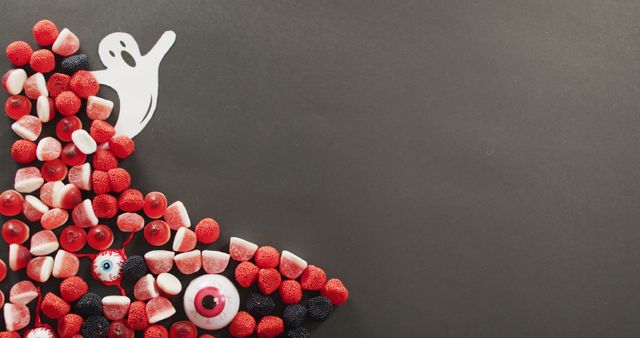 Halloween-themed candy and decorations are arranged on a black background. Various red and white candies, including eyeball-shaped sweets, are spread out with a ghost figure peeking from the candy pile. This image can be used for Halloween party invitations, social media posts, holiday promotions, or themed decorations.