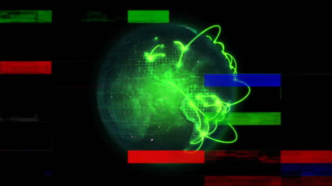 Futuristic Digital Globe with Glitch Effects and Light Trails
