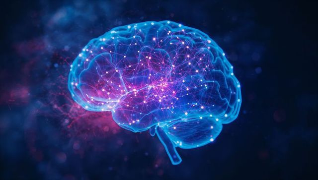 Futuristic neural network brain with neon glows