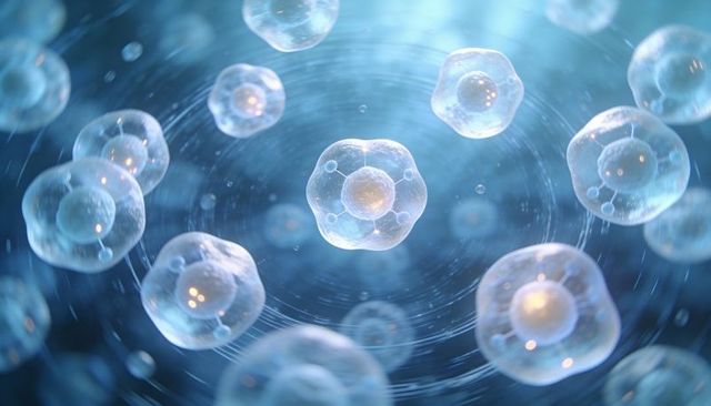 Glowing transparent cells floating in microscopic fluid 3d biomedical science render concept