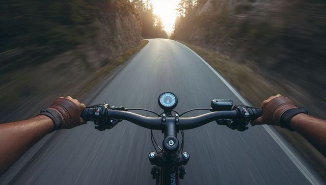 Riding motorcycle through winding mountain road at sunset with leather gloves and gauge