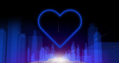 Neon Blue Heart Over Futuristic Glow Cityscape Illustration