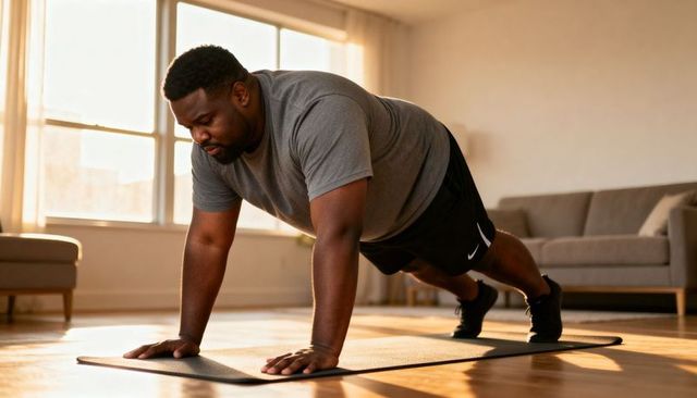 Man performing plank on yoga mat in sunlit living room during focused home fitness routine