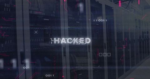 Hacked server rack glitch overlay showing cyberattack on datacenter racks with hud effects