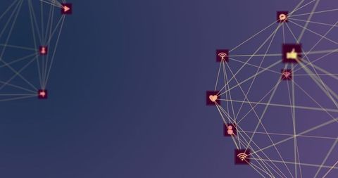 Abstract Digital Network with Technology Icons on Violet Gradient