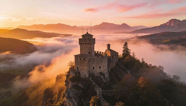 Glowing medieval castle perching on rocky cliff above golden morning mist and mountains