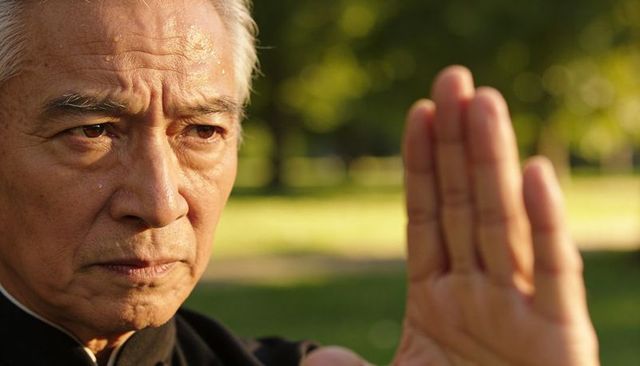 Senior asian martial artist practicing kung fu palm in park showing focus and discipline