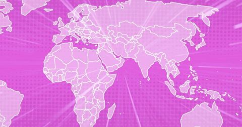 Connecting world map radiating pink-magenta duotone with halftone dots and white borders