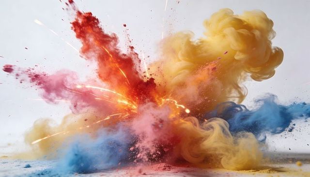 Exploding Vibrant Powder Plumes Creating Red Blue Yellow Pigment Burst and Dynamic Particles