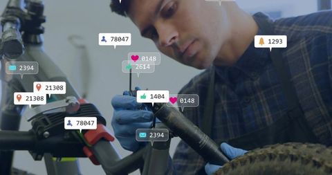 Mechanic Repairing Bicycle with Digital Social Media Overlays